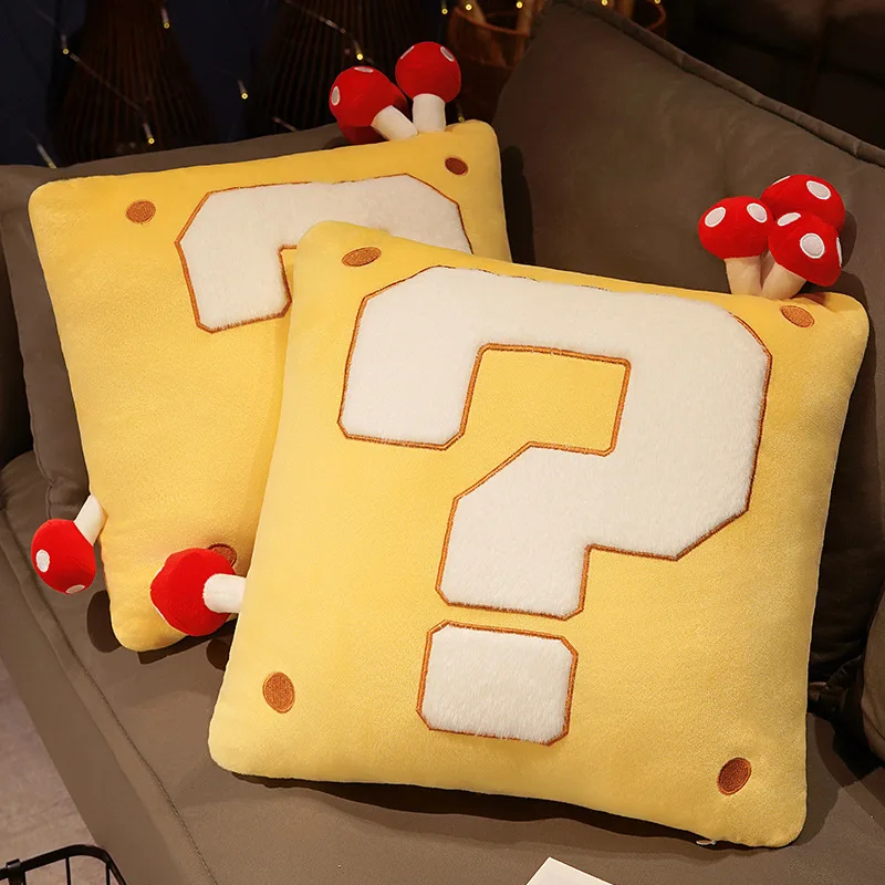 

Kawaii Yellow Question Mark Mushroom Plush Cushion Creative Anime Stuffed Square Pillow Cute Soft Toys Gifts Home Sofa Decor