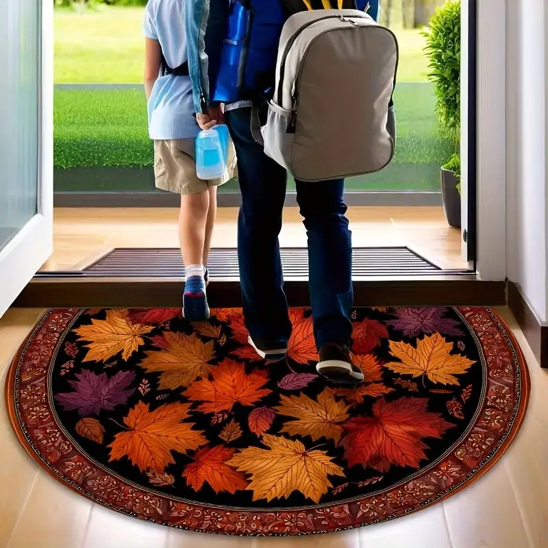 VIKAMA Autumn Maple Leaf Half Round Doormat Flannel Non Slip Entrance Floor Mat Soft Washable Fall Harvest Pattern Entryway Rug