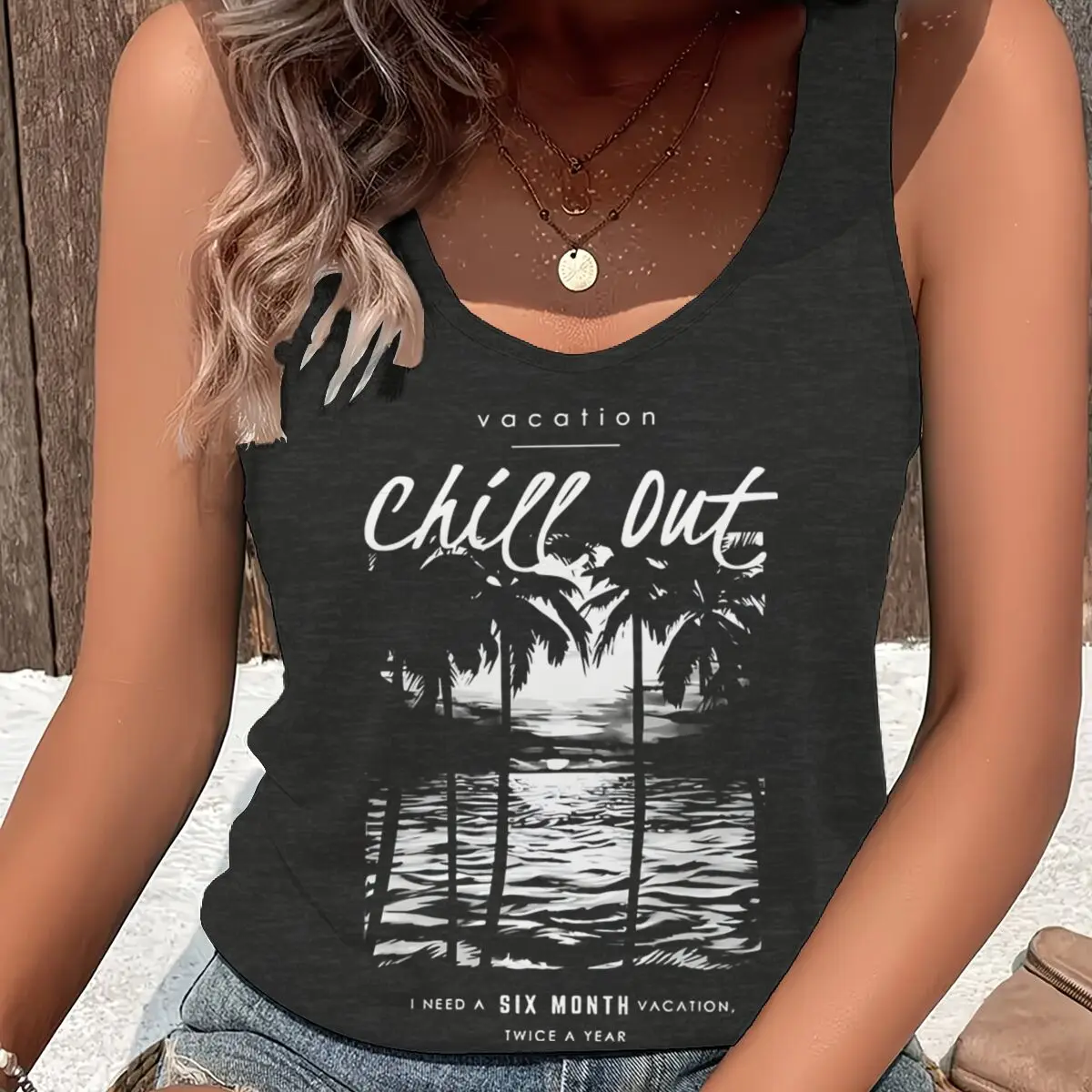 Women Vintage Chill Out Fun Beach Graphic Racerback Tank Top Summer Vacation Palm Tree Print Sleeveless Basic-Fit Vest