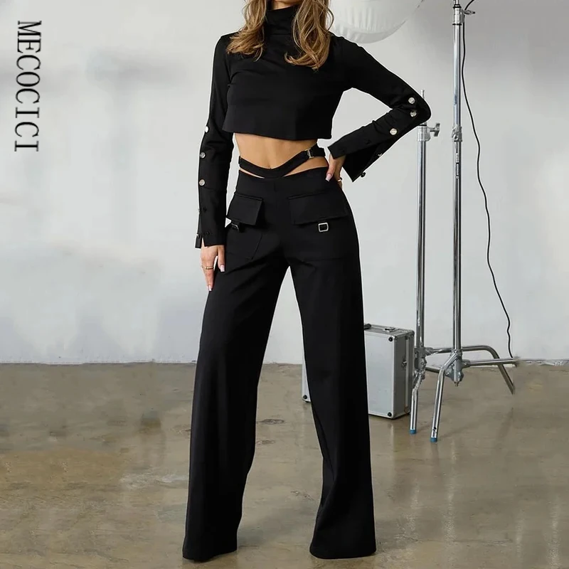 MECOCICI Women 2 Piece Set Fashion Solid Long Sleeve High Neck High Waist Buttons Top Crossover Buckle Design Cargo Pants Set