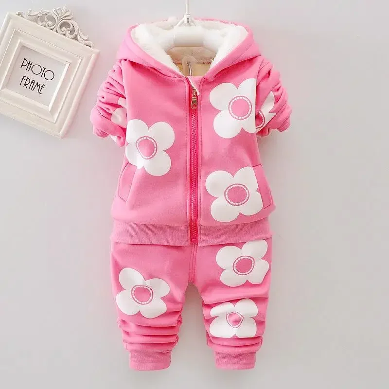 

Baby Girls Flower Cartoon Thickk Woolen Autumn Winter Hoodied Jacket Coat Pants Clothing Set Children Kids Warm Clothes Suits