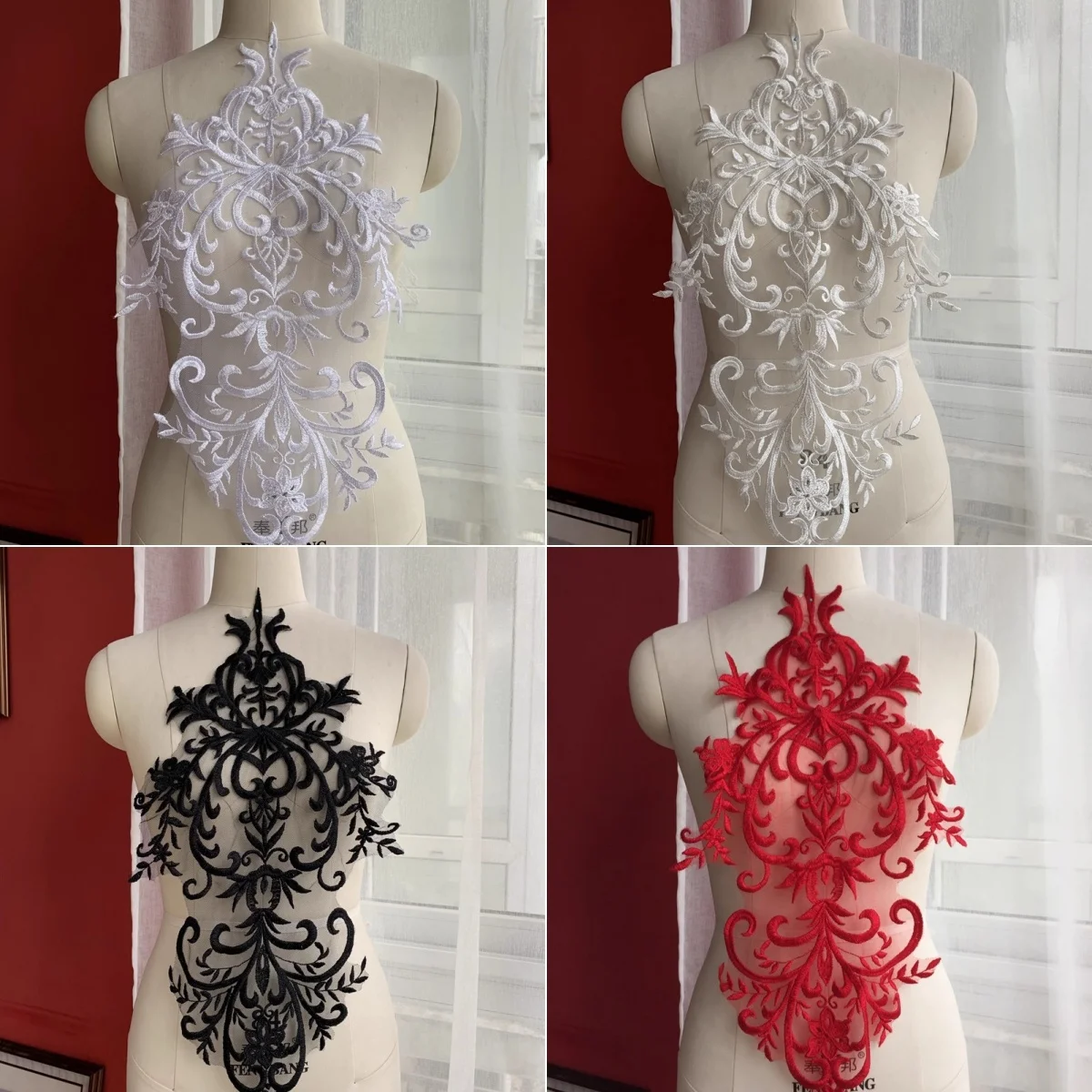 

Black, red, and white high-quality wedding lace embroidery, sewing wedding dresses, stage costumes, and accessories