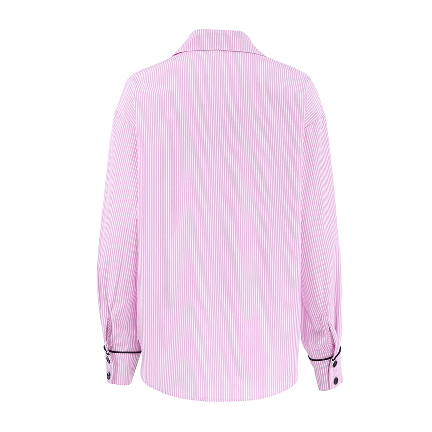 Linad primavera streetwear solto com bolso camisas casual listra manga longa mulher blusa 2025 escritório turn down collar topos senhora
