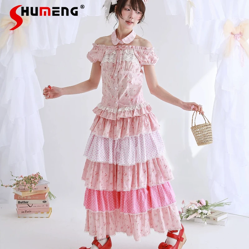 

Original Japanese Retro Cute Girls Pink Long Skirt Suit Summer New Woman's Kawaii Lolita Short-sleeved Top Shirt Culottes Outfit