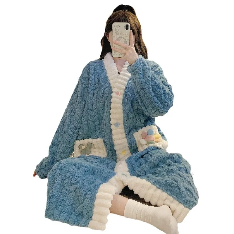 Plus Size 5XL Winter Warm Robe Pajamas Women Sweet Long Coral Velvet Bathrobe Sleepwear Thick Flannel Comfy Home Clothes