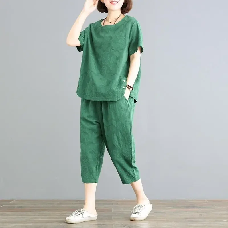 

Хлопковые льняные футболки, женские художественные винтажные модные жаккардовые футболки с короткими рукавами и укороченные брюки, повседневный свободный комплект из двух предметов