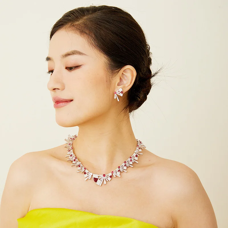Temperament AAA Zircon Irregular Triangle Short Necklace Choker Earrings Set For Women Wedding Party Evening Dress Jewelry Sets