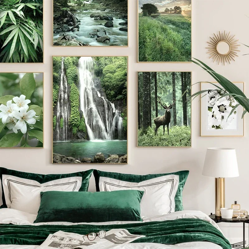 Green Forest Canvas Poster Wild ArtDeer Waterfall Stream Flower Leaf Spring Bedroom Print Painting Nature Landscape Picture