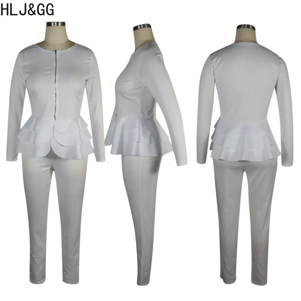 HLJ&GG Elegant Lady Ruffles Blazer Suits 2 Piece For Women Zip Long Sleeve Slim Top And Skinny Pants Outfits Female OL Clothing