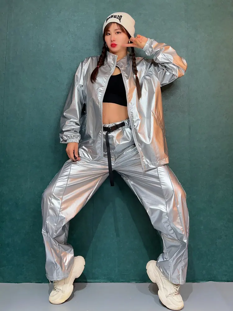 Bright Silver Loose Hip Hop Hip Hop Table Costumes Jazz Dancing Girl Group Singing Costumes Korean Kpop Dance