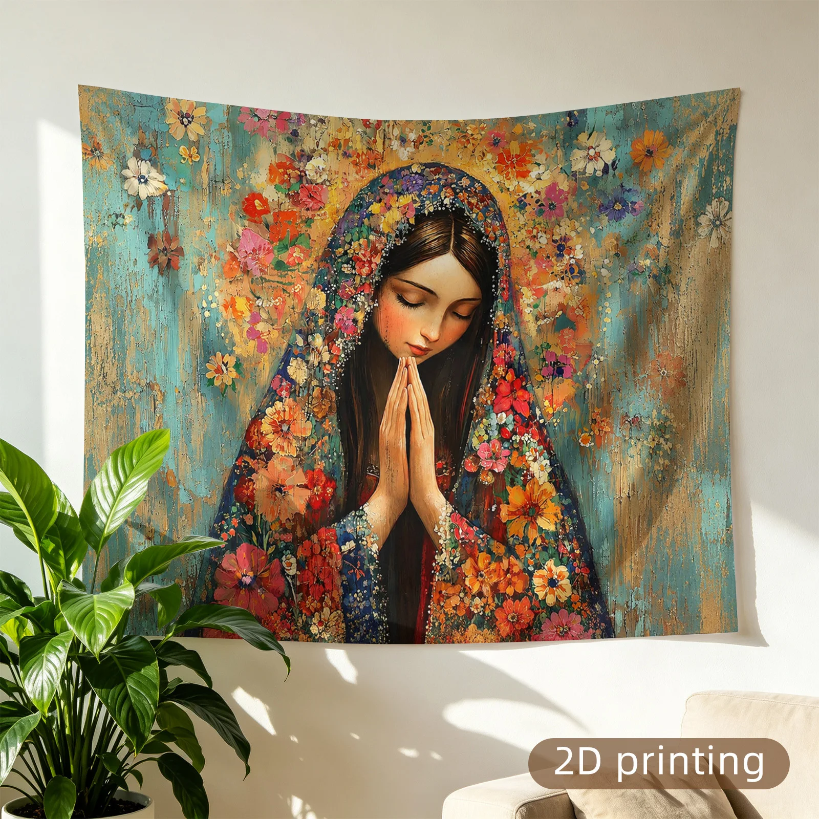 Boho Floral Tapestry Wall Hanging Art Print Canvas Large Decorative Indoor Home Decor Tapestry Wall Canvas Renaissance Religious