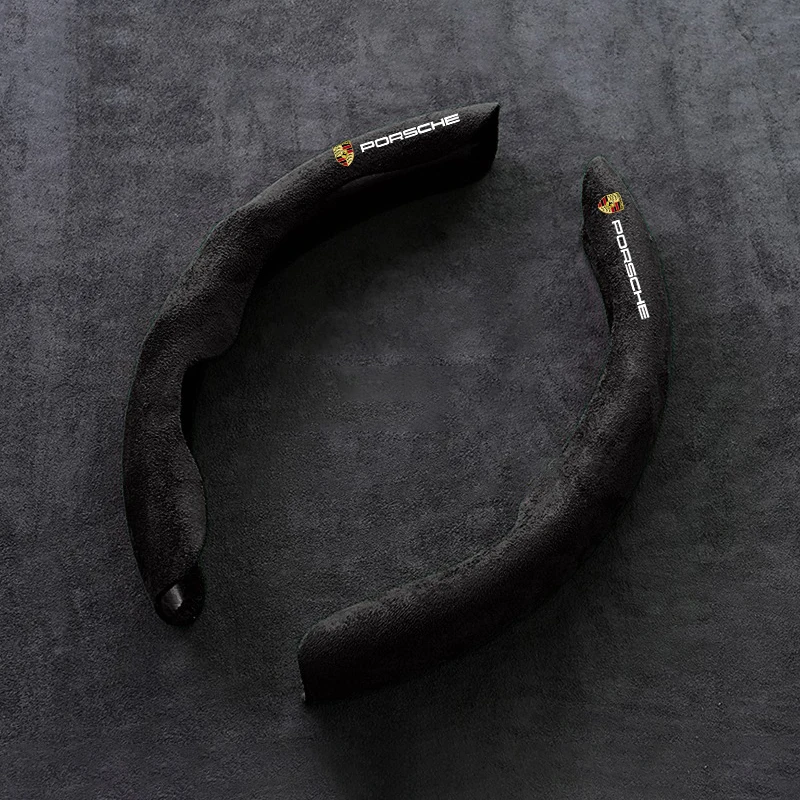 2PCS Suede Car Logo Steering Wheel Cover Anti-Slip Protection Sleeves For Porsche 911 918 Taycan Panamera Cayenne Boxster Cayman