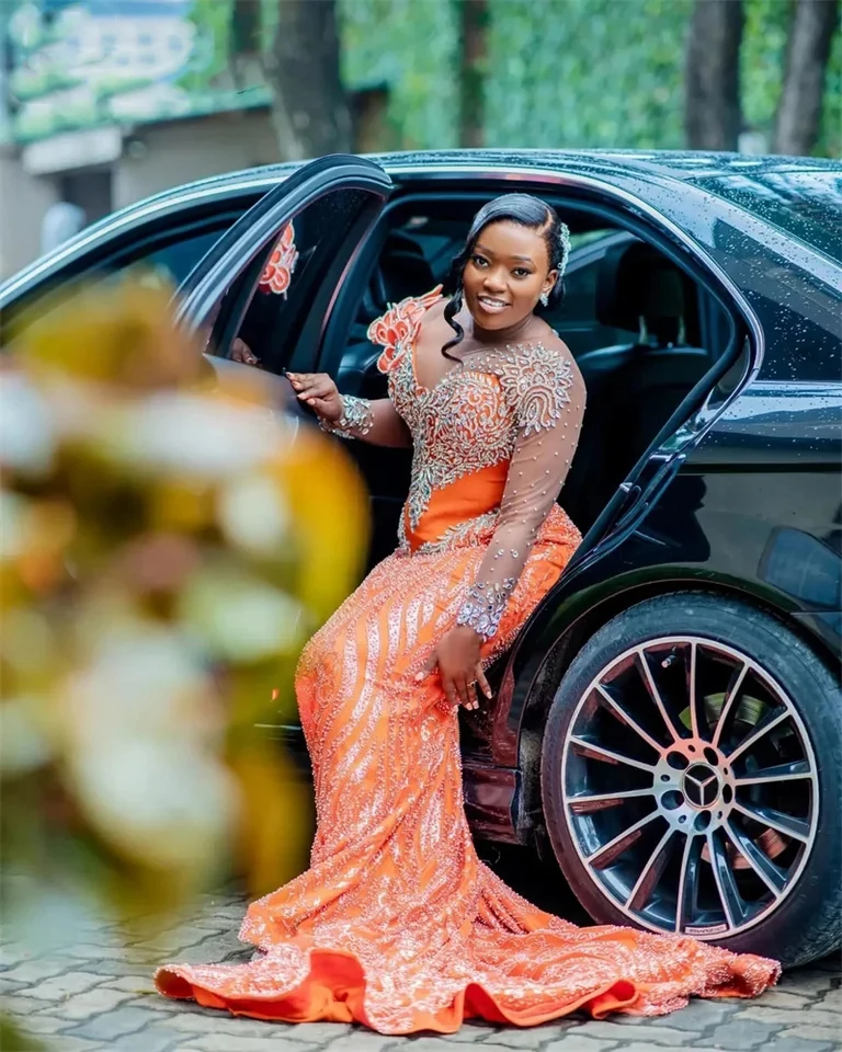 Luxury Beaded Lace African Wedding Reception Dresses Orange Sheer Long Sleeve Crystals Asoebi Bridal Dress Formal Party Dresses