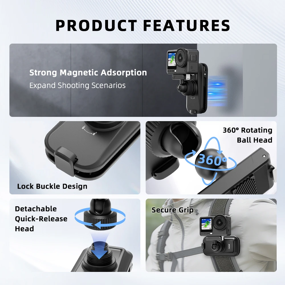 BRDRC Backpack Mount for DJI Action 6/5 Pro/4 Camera Accessories 360° Rotation Magnetic Backpack Clip Quick-Release Adapter view 6