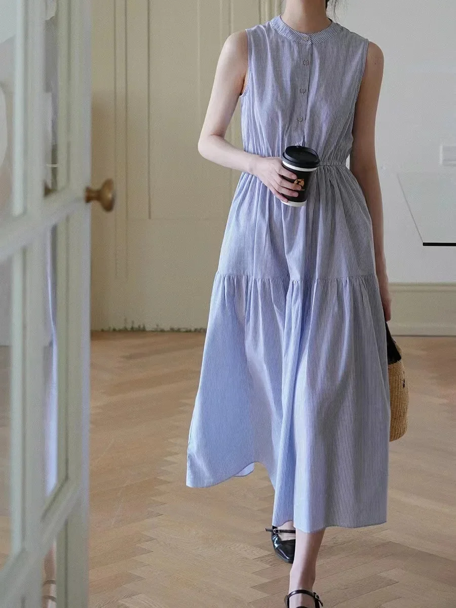 Summer Hot Sale Of The Season French Style Commute Sleeveless Slim Fit A-Line Dress Vertical Stripes Stand Collar Loose Waist Wo