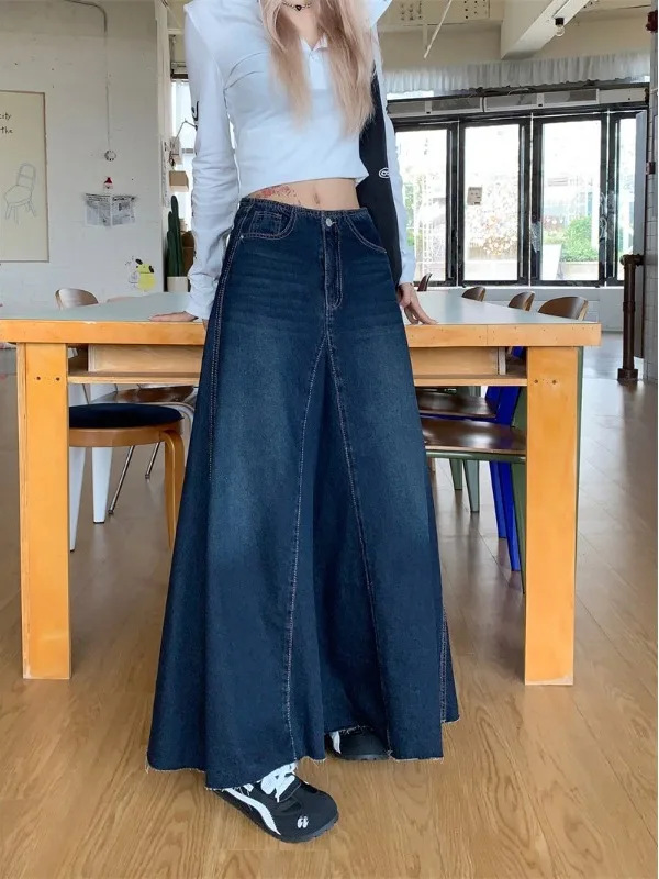 

High Waist A-Line Midi Skirt Denim Washed Frayed Hem plus Size Women's Fashion Slimming Design Korean Style Autumn New Arrival