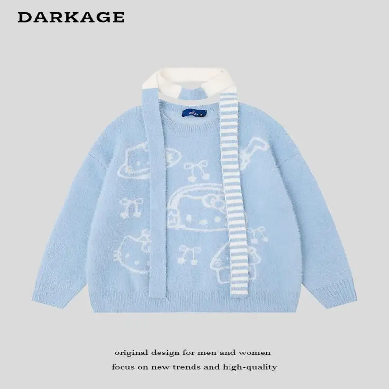 

Новый вязаный топ Hello Kitty из мягкого пушистого трикотажа для женщин, универсальный повседневный стиль, модный, свободный крой, с шарфом, для осени 2026