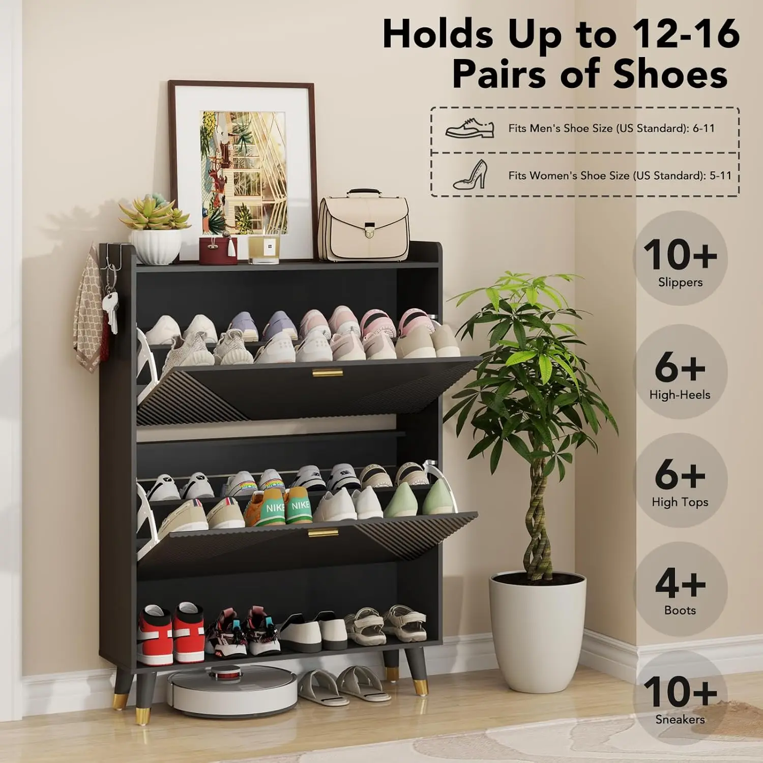 Shoe Cabinet for 24 Pairs, Fits Size 13, Slim Freestanding Shoe Rack Organizer with 2 Flip Drawers & Coat Hooks image 3