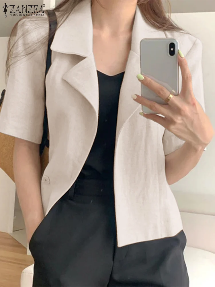 

ZANZEA Korean Fashion Summer Blouse Women Elegant Lapel Neck Short Sleeve Thin Blazer Casual Solid Work Tops OL Suits Shirt 2023