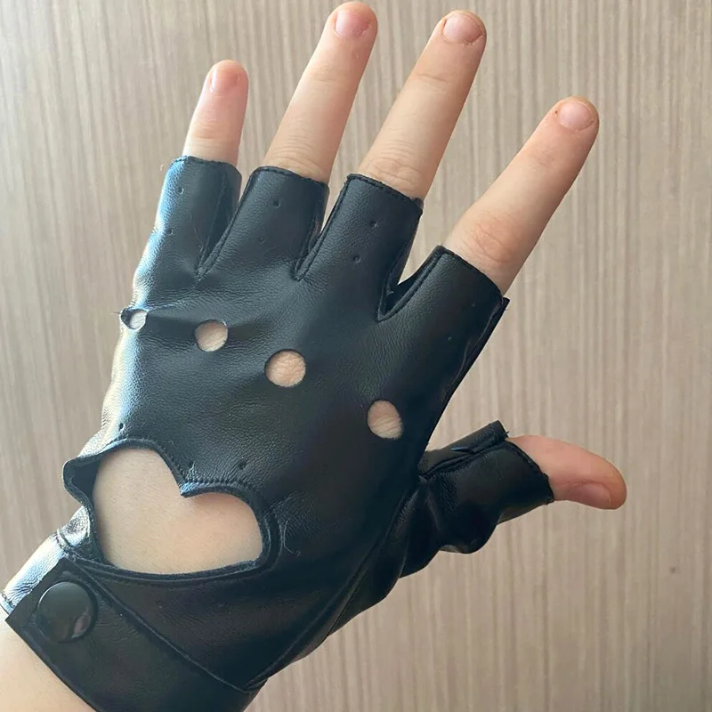 

Черные короткие перчатки в стиле панк из мягкой искусственной кожи с открытыми пальцами для мужчин и женщин, в стиле хип-хоп, для вождения, мотоцикла, яркие черные митенки без пальцев
