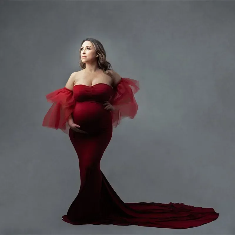 Vestido largo de maternidad sin hombros para mujer embarazada, vestido de fiesta de bebé, vestido de tren de boda, accesorios de fotografía, Vintage