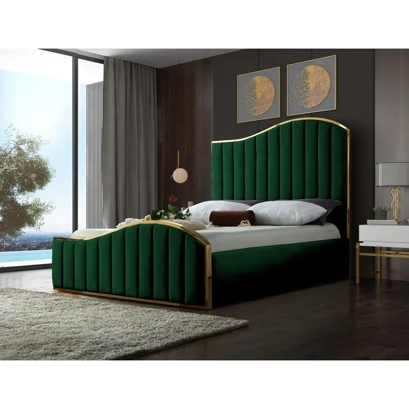 

2026 Modern luxury wave design bedroom furniture golden metal frame wood bed