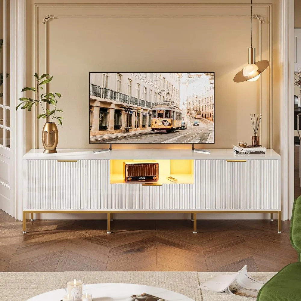 

70” Fluted TV Stand for 80 inch TV, High Gloss Entertainment Center with LED Lights, Modern Media Console with Storage