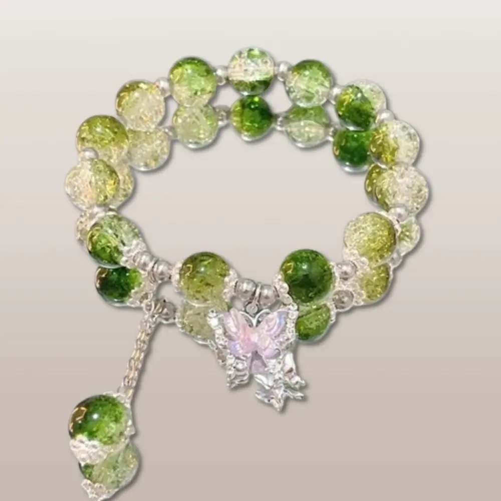 Butterfly Pendant Green Glass Bracelet Creative Neo-chinese Style Bowknot Fringe Bracelet Hand Charm Classic