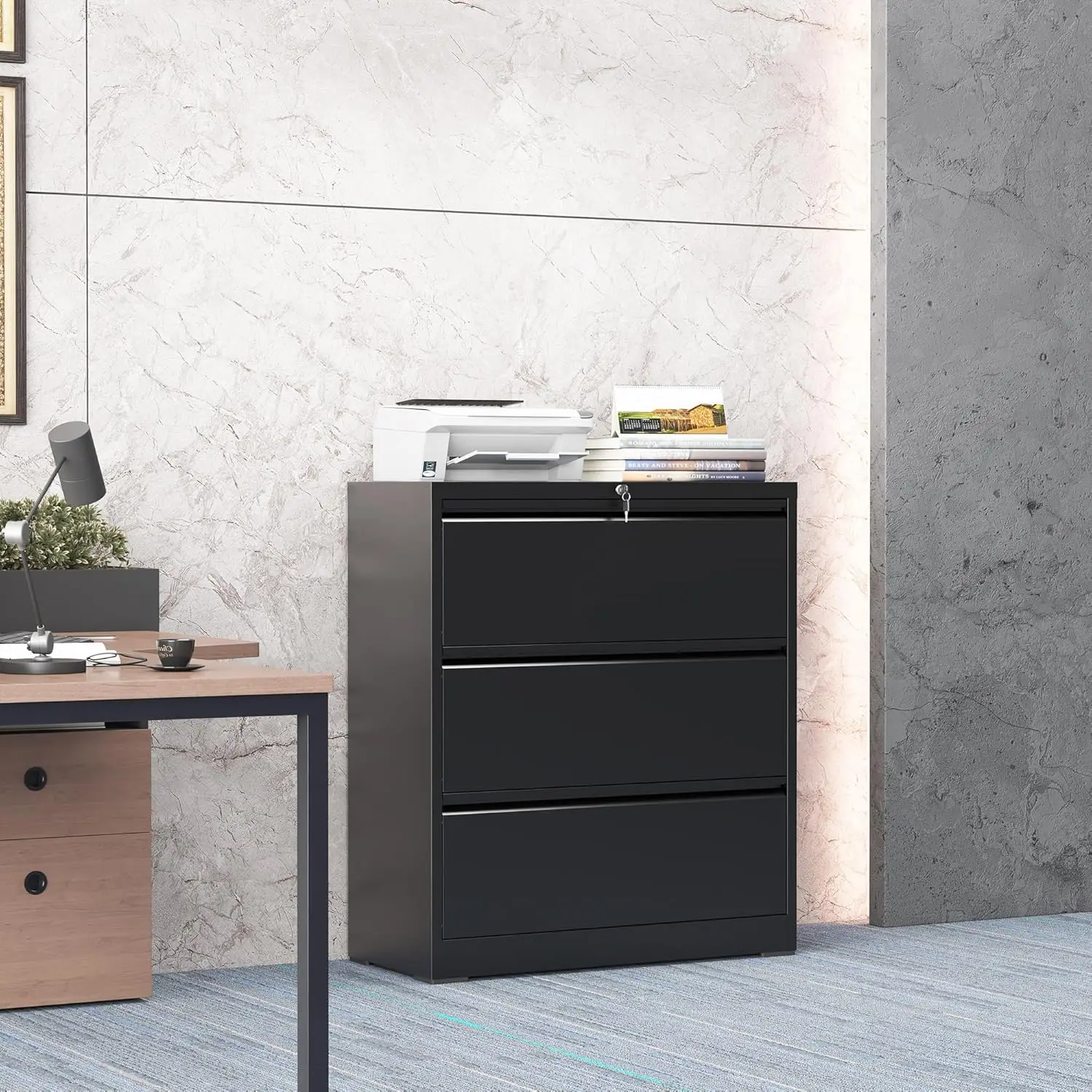 3-Drawer Lateral File Cabinet with Lock, Black Steel Filing Cabinet for Home Office