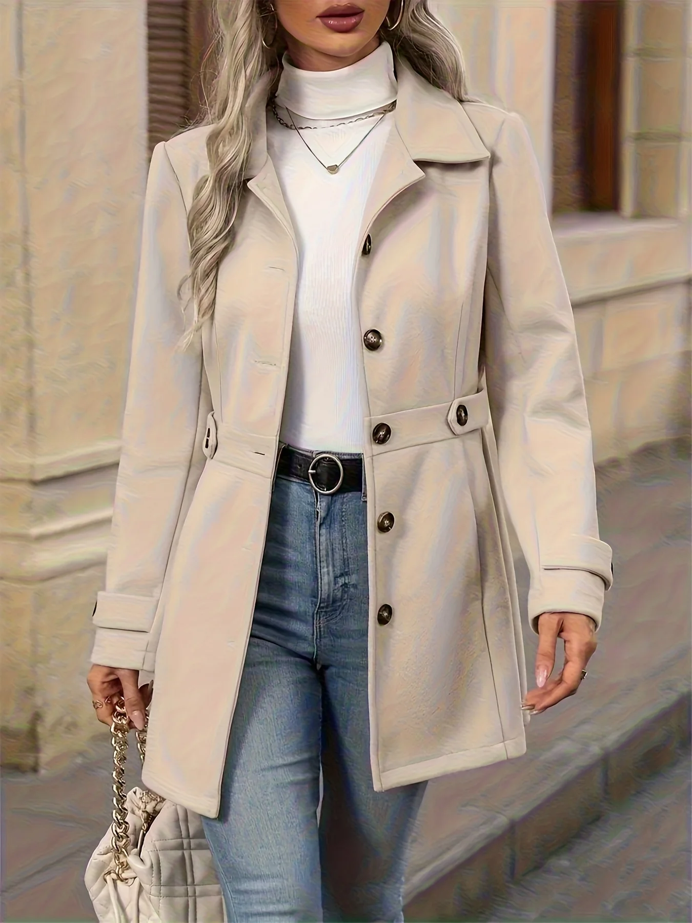 

Women'S Beige Lapel Collar Trench Coat - Button Front Long Sleeve Belted Jacket