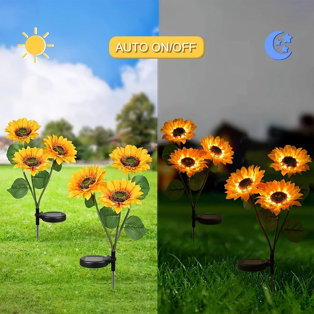 Lampe Solaire à 1/3 Têtes LED en Forme de Tournesol, Luminaire Décoratif de Paysage Idéal pour un Jardin, une Pelouse ou une Cour