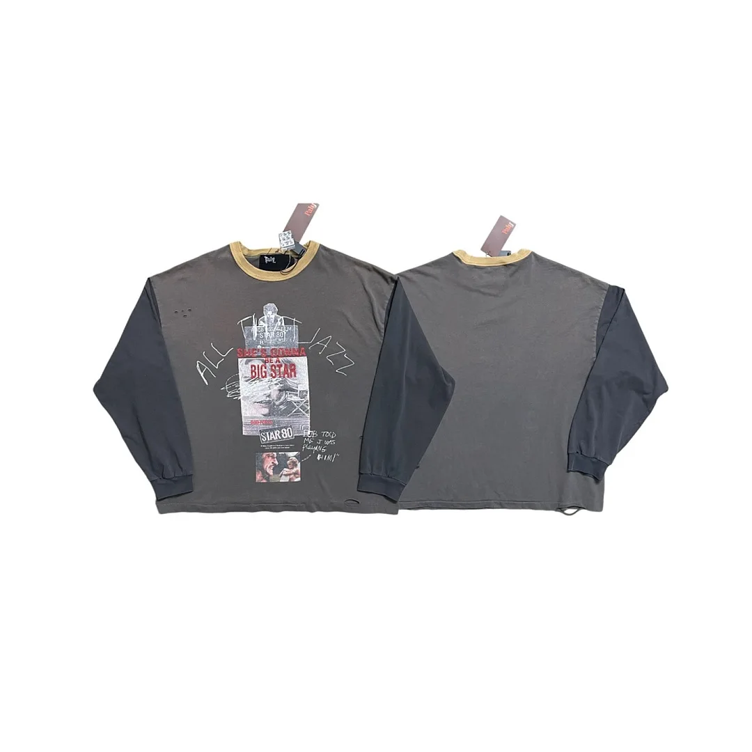 Vintage Distressed Long Sleeve T Shirt Men 80s Collage Print Oversized Washed Destroyed Crew Neck Streetwear Long Sleeve Tee