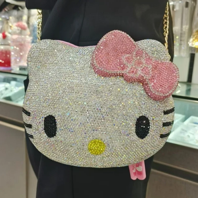 Sanrio Cute Cartoon Hello Kitty Diamond Bag Fashion Girl Messenger Bag Handmade Diamond Inlaid Decoration Handbag Festival Gifts