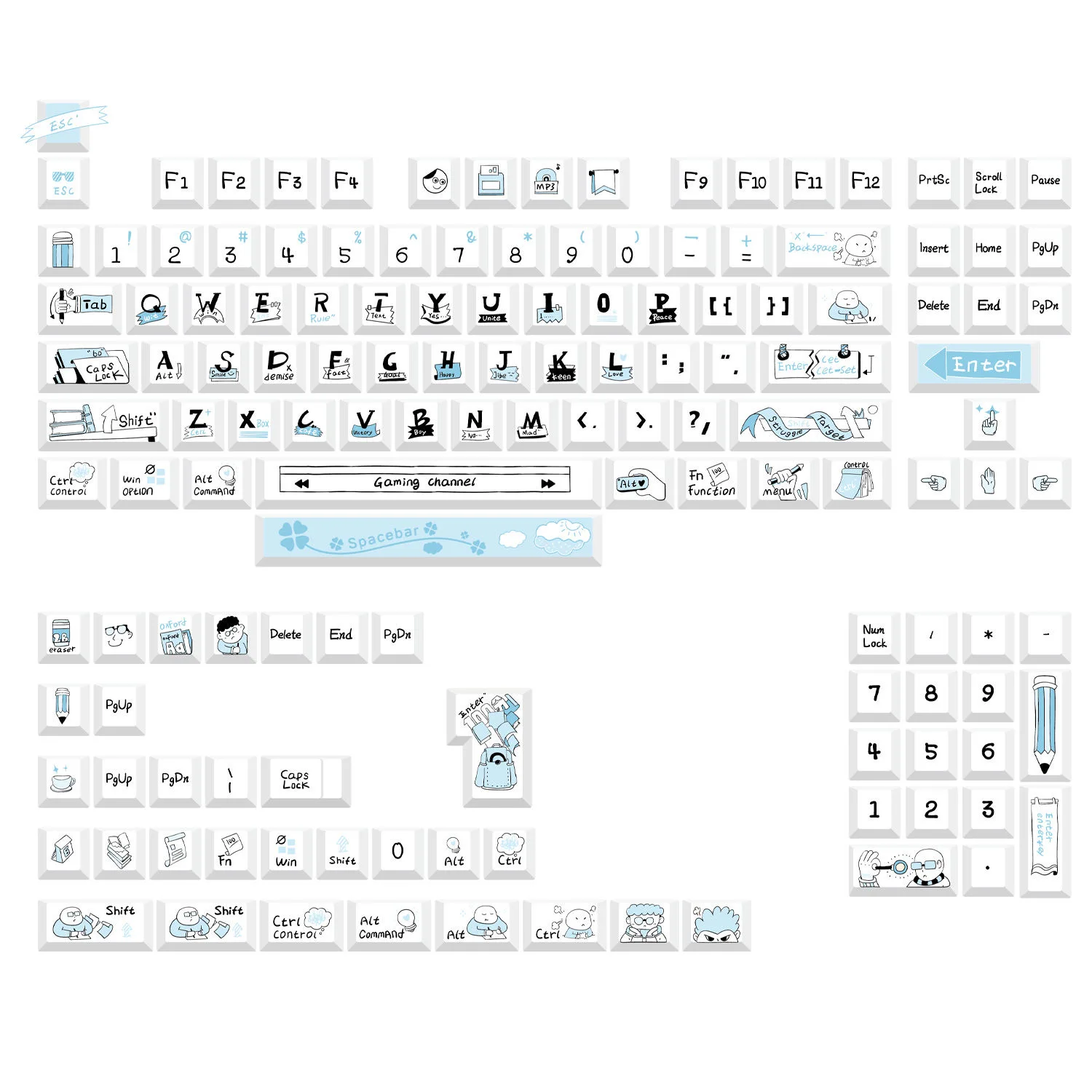 136 Keys Sea Salt Graffiti Keycaps PBT Double Shot Side Print Shine Through Backlit Keycap ISO Key for MX Mechanical Keyboard