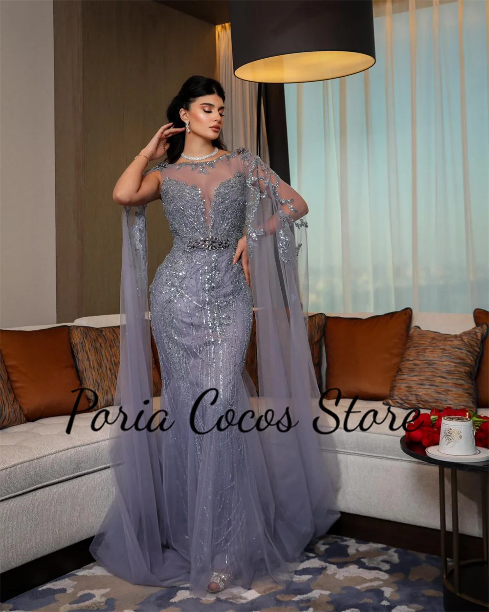 Customized Luxury Mermaid Prom Gown Scoop Neck With Shawl Crystal Beaded Tulle Belt Full Length Women\'s Sexy Party Evening Dress