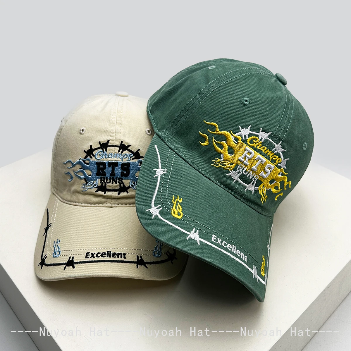 Versatile Retro Peaked Caps Personal Embroidered RTS Letters Flame Baseball Hats for Men And Women Sunshade Niche Fashion Americ