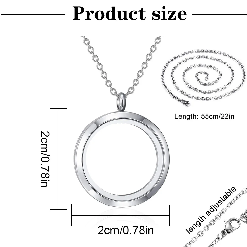 Cremation Jewelry Stainless Steel Memory Locket Charm Flat Round Necklace with Glass Double Sided Frame Glass Container Charms