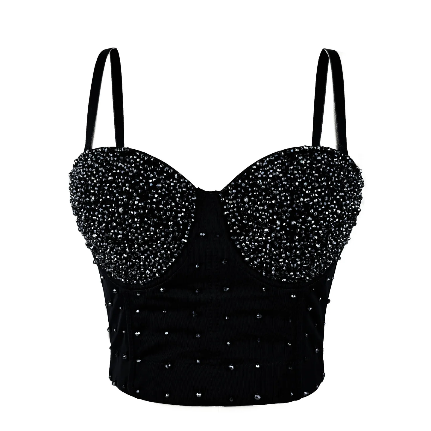 

Handmade Beaded Fibone Steel Ring Crop Top Sexy ort Sve Vest Underwear Street Sle Mixed Fabric Diamond Embedded