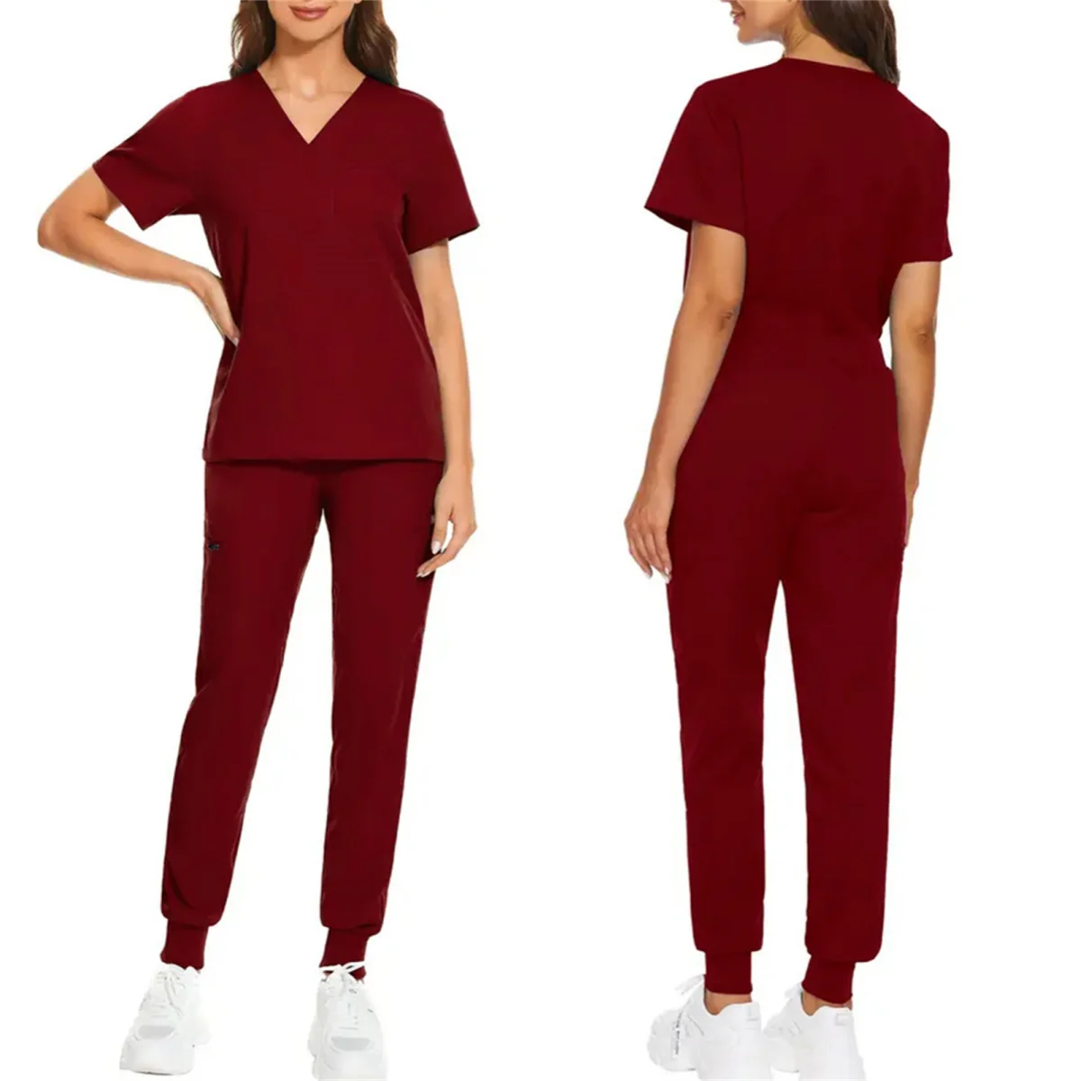 Seragam Medis Kerah V Wanita Kemeja Lengan Pendek Warna Solid Celana Serut Set Scurbs Rumah Sakit Perawat Dokter Pakaian Kerja Salon