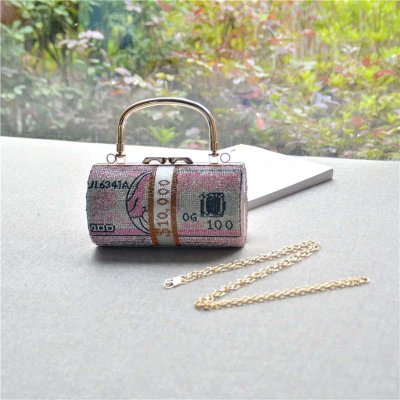 

Luxury Money Clutch Rhinestone Purse 10000 Dollars Stack of Cash Evening Handbags Formal Party Dollar Printed Evening Bag Women
