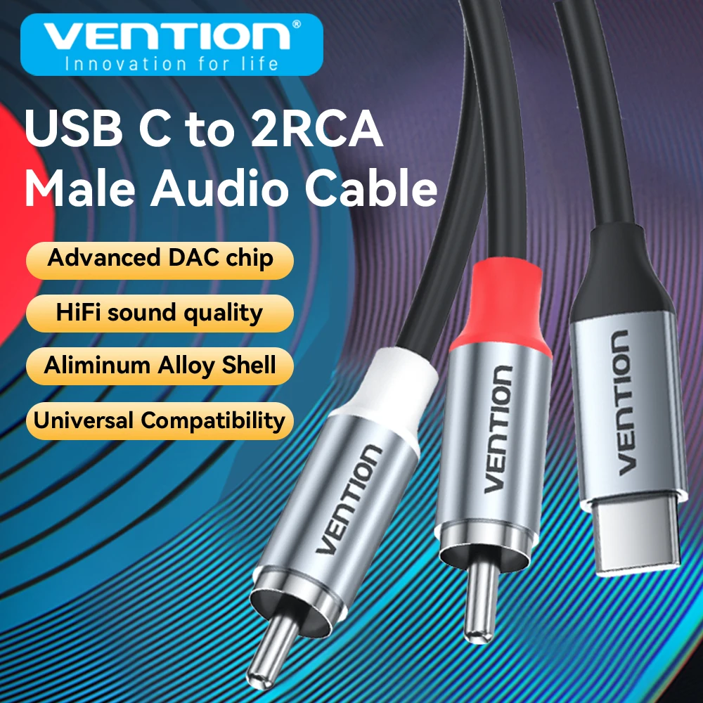 

Vention New DAC USB Type C to 2 RCA Plug Adapter Cable for Phone Tablet Laptop Male to Male Y RCA Speaker Audio System Amplifier