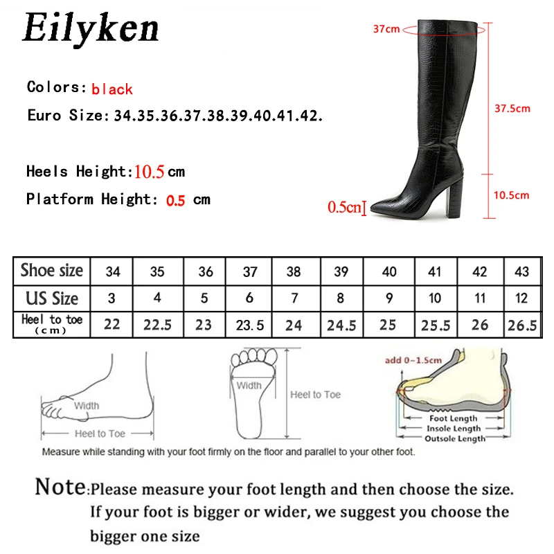 Eilyken Black Serpentine Fashion Women Knee High Boots Sexy Pointed Toe Square Heels Ladies Long Boot Zipper Female Shoes