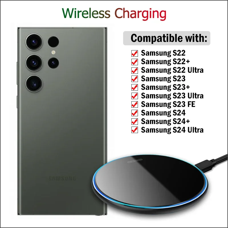 15W Universal Fast Wireless Charger for Samsung Galaxy S20 S21 S22 S23 S24 Ultra Plus FE Wireless Charging Pad with USB Cable