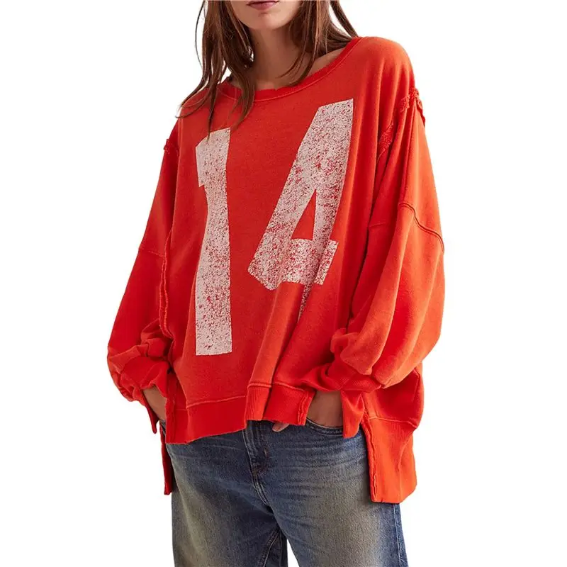 

CYL-Women's Number Graphic Tee Tshirt Long Sleeve Crew Neck Sweatshirt Oversized Pullovers