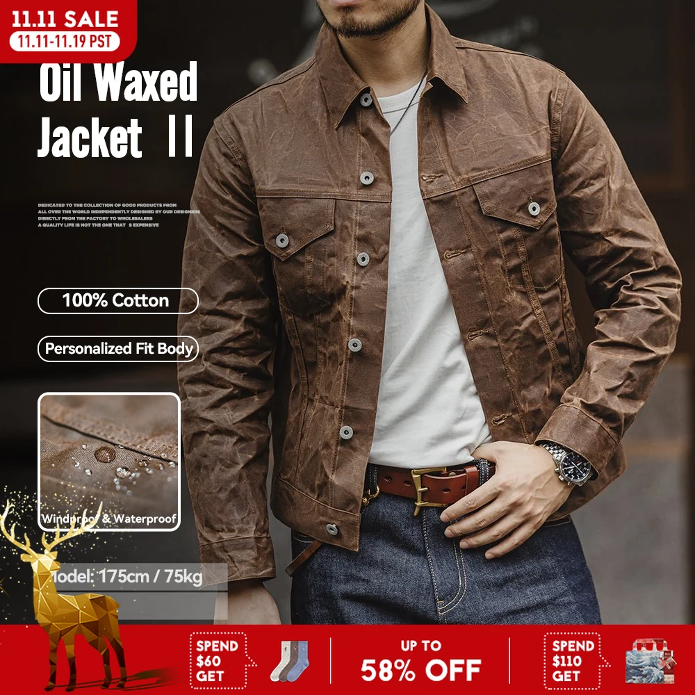 

Maden Amekaji Retro Male Oil Waxed Jacket Canvas Cotton Khaki Military Uniform Light Casual Work Safari Style Coats Man Clothing