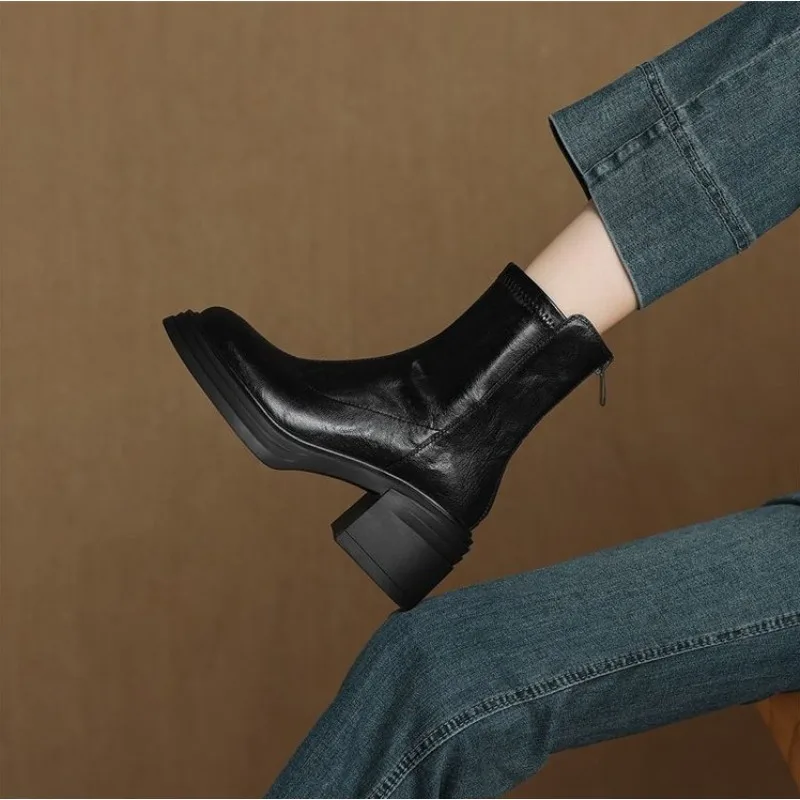 Women Vintage Shiny Ankle Boots Thick Platform Block Heel Back Zipper Stretch Shaft Round Toe Elevated Daily Footwear for Ladies