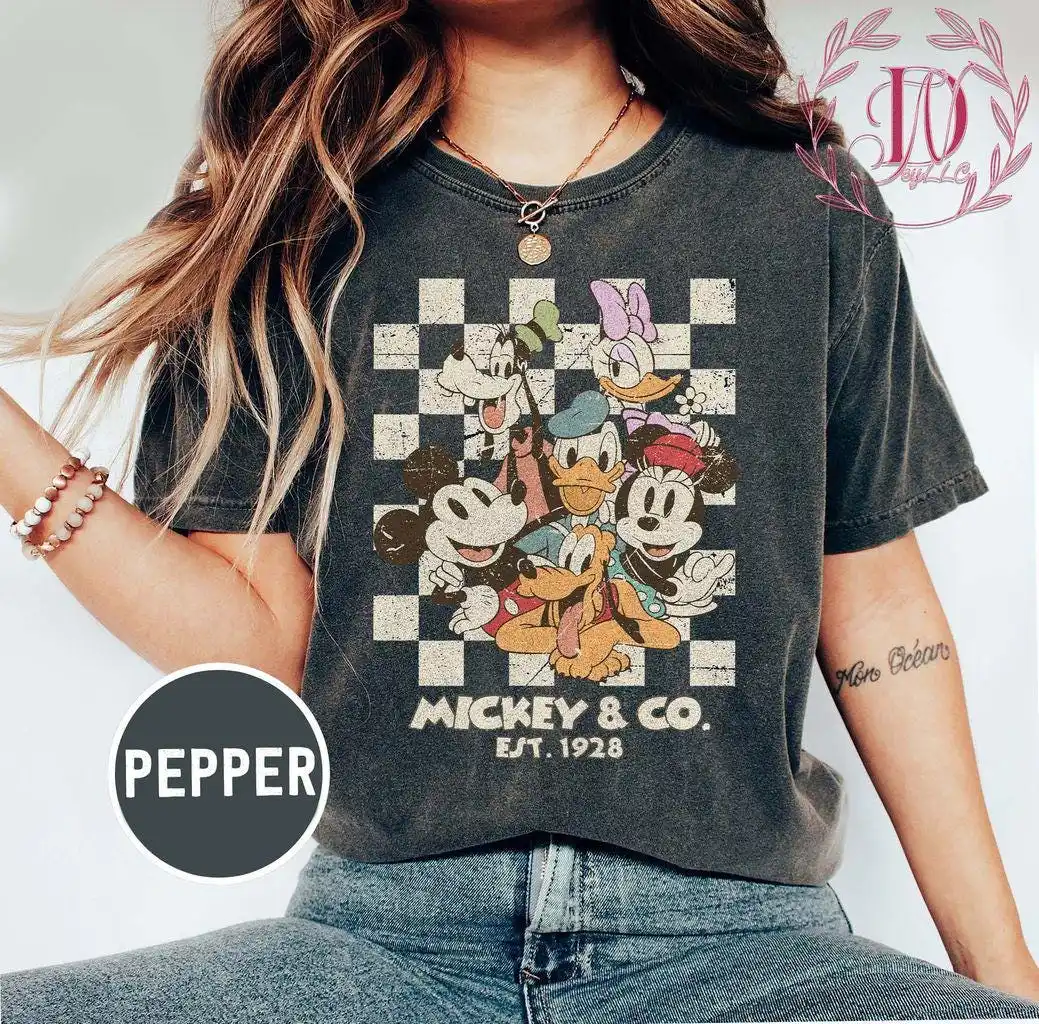 Camisa retro Mickey Co 1928 Colores cómodos, Camisa a cuadros de Mickey y sus amigos, Disneyworld vintage, Camisa de viaje de Disneyland