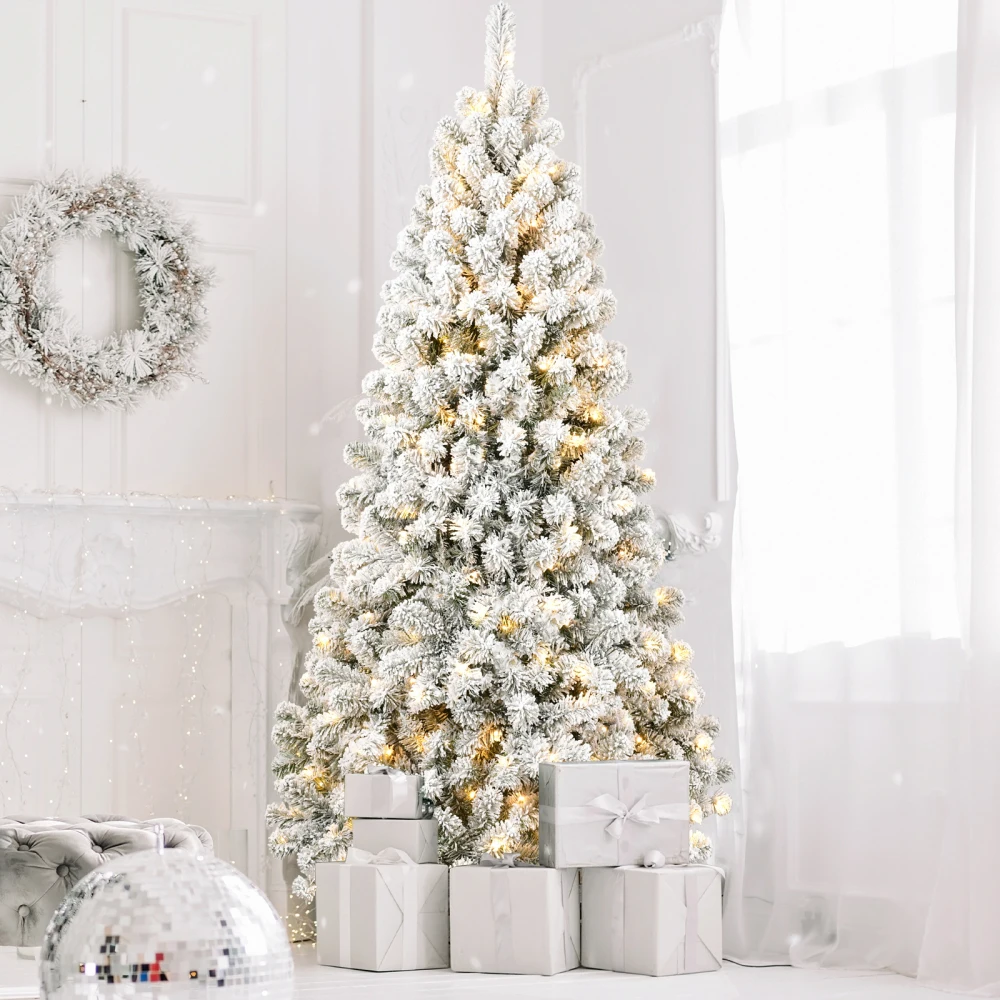 7FT Pre-lit Flocked Christmas Tree with 1,064 Memory Wire Tips – Effortlessly Fluffed, Perfectly Shaped