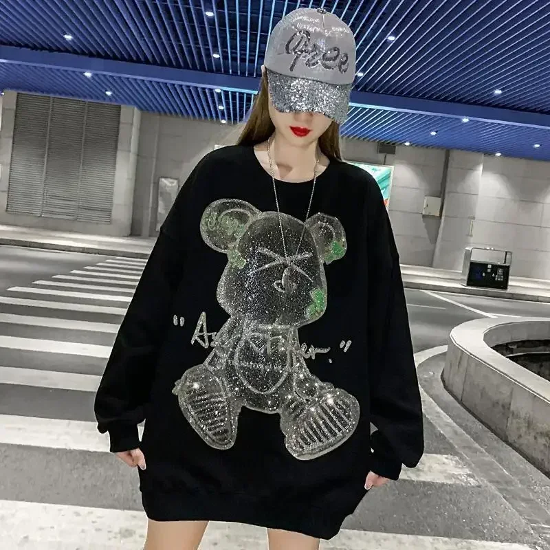 Women\'s Sweatshirt Sequin Woman Clothing Text Hip Hop Loose Baggy Top Glitter Rhinestone Black Pullovers Round Neck Graphic Long