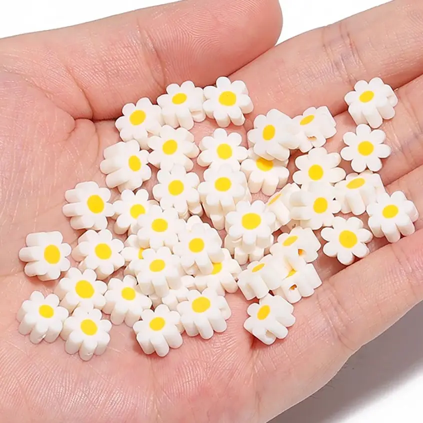 50pcs 9mm Flower Polymer Clay Beads Flat Spacer Loose Beads For Jewelry Making DIY Handemade Bracelet Necklace Finding Accessory